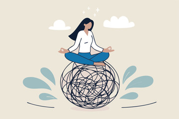 Stress management, meditation or relaxation to reduce anxiety, control emotion during problem solving or frustration work concept, woman in lotus meditation on chaos mess line with positive energy.