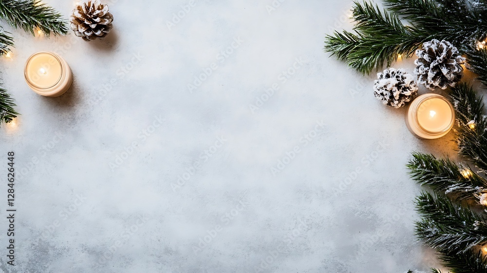 Poster beautiful winter decoration with candles pine cones and evergreen branches on a textured table : gen