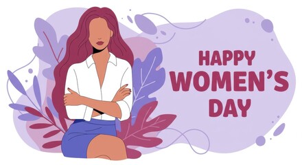 A cheerful illustration for Women's Day a woman with long flowing hair wearing a white top and blue skirt with her arms crossed over her chest the text HAPPY WOMEN'S DAY is written in bold letters