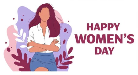 A cheerful illustration for Women's Day a woman with long flowing hair wearing a white top and blue skirt with her arms crossed over her chest the text HAPPY WOMEN'S DAY is written in bold letters