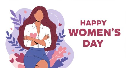 A cheerful illustration for Women's Day a woman with long flowing hair wearing a white top and blue skirt with her arms crossed over her chest the text HAPPY WOMEN'S DAY is written in bold letters