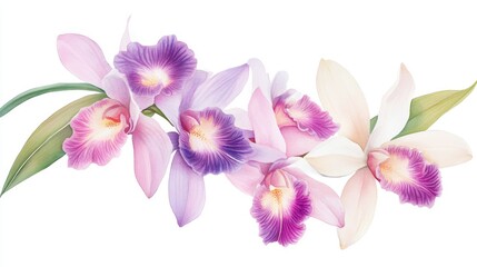 Obraz premium Vibrant orchid blossoms showcase exquisite beauty in a watercolor botanical illustration filled with elegance and intricacy
