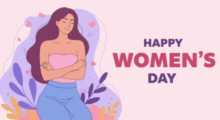 A cheerful illustration for Women's Day a woman with long flowing hair wearing a pink top and blue skirt with her arms crossed over her chest the text HAPPY WOMEN'S DAY is written in bold letters
