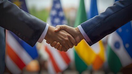 International leaders engage in a firm handshake at a diplomatic event under various country flags
