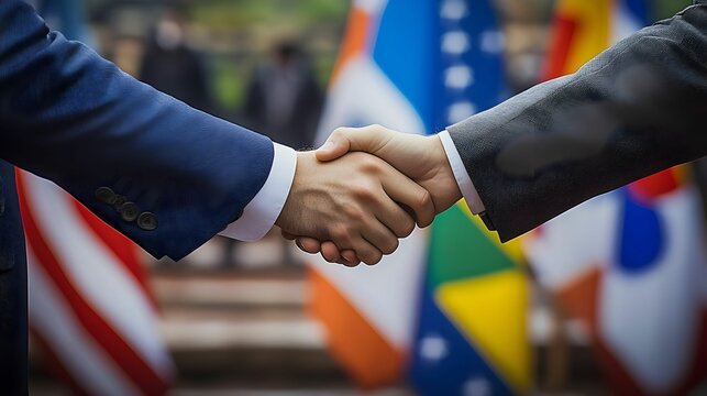 International leaders engage in handshake at diplomatic event in outdoor setting, symbolizing cooperation and alliance