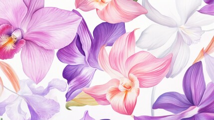 Delicate orchid blossoms in vibrant pink, purple, and white creating an exotic botanical masterpiece in watercolor
