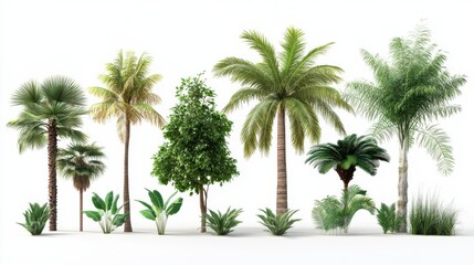 Variety of tropical palm trees and greenery on white background