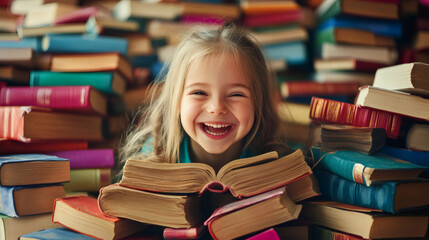 Cheerful preschooler girl beaming near colorful book stack, embracing early childhood literacy