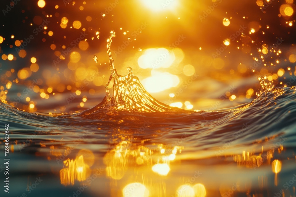 Poster golden hour sunlight reflecting on water, creating a mesmerizing splash and bokeh effect.
