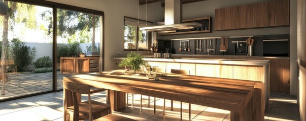 Fototapeta premium Modern kitchen with wooden furniture and garden view in sunlit open space
