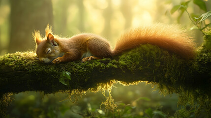 Red Squirrel Sleeping Peacefully on Moss-Covered Branch in Sun-Dappled Forest