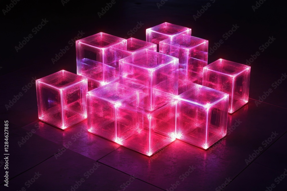 Poster pink led cubes create a geometric pattern on a dark surface, creating an ambient and futuristic atmo