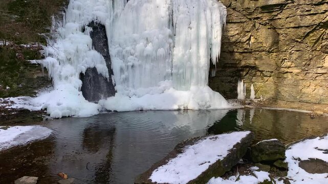 Tilt shot of frozen waterfall winter landscape winter wonderland scene cold weather no people Hayden Falls Dublin Ohio USA