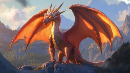 Majestic fire dragon with glowing eyes in mountainous landscape