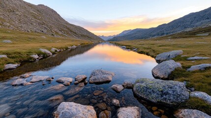 Fototapeta premium Mountain valley reflecting sunset in tranquil stream