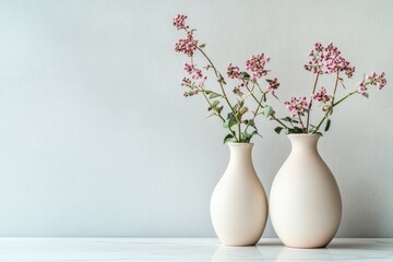 Delicate pink flowers in two creamy vases against a light gray wall, creating a minimalist floral arrangement.