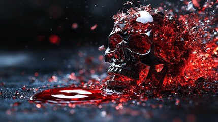 Shattered glass skull bottle spills red liquid forming warning symbol on white surface