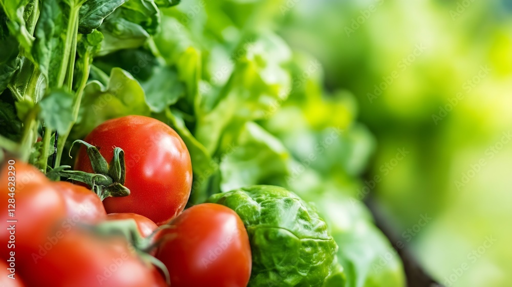 Poster freshly harvested tomatoes and leafy greens displaying vibrant colors and textures in a farm setting