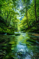 Obraz premium Serene River Flowing Through a Lush Forest, Creating a Calming Natural Haven