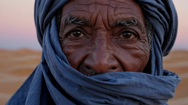Elderly nomadic man with blue scarf wrapped around face, standing in the desert at dusk