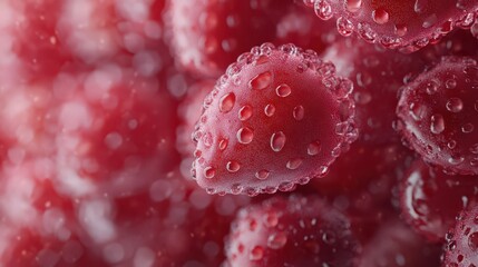 Macro shot of fresh raspberries with water droplets showcasing vivid red texture and detail