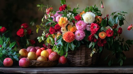 Vibrant bouquet of roses and peonies with fresh apples on rustic wooden table