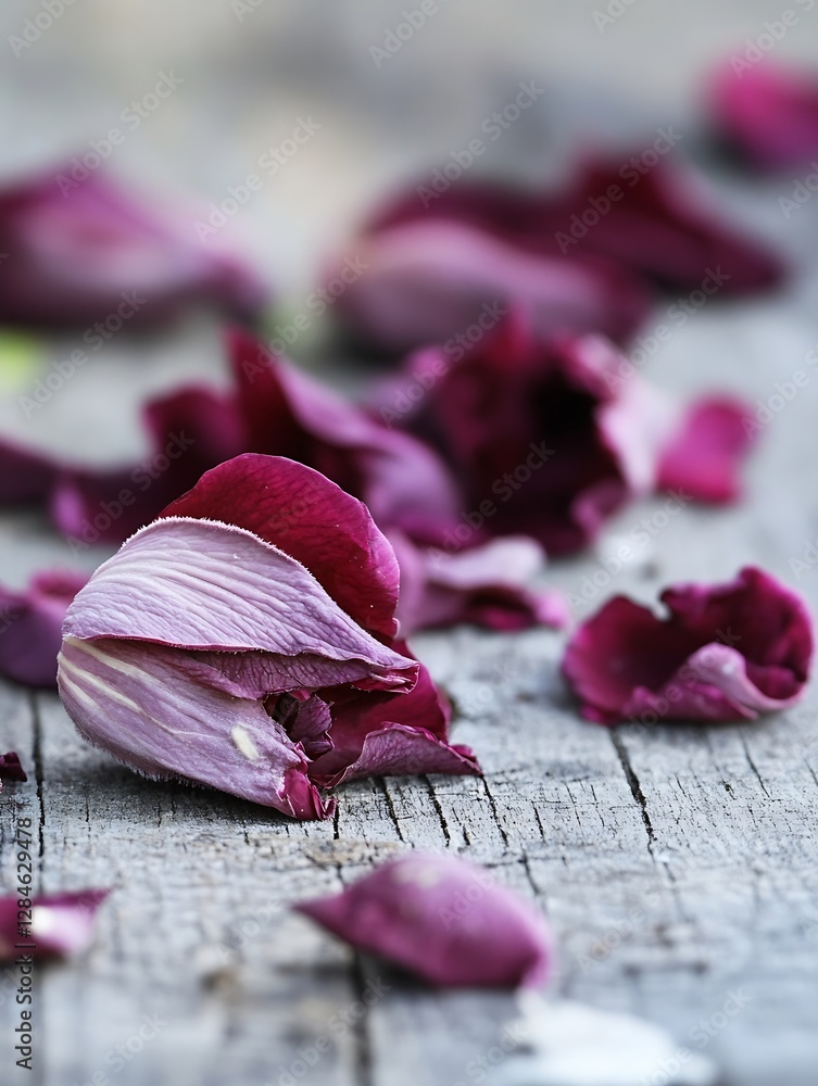 Poster scattered rose petals on a textured wooden surface creating a romantic and gentle ambiance for natur