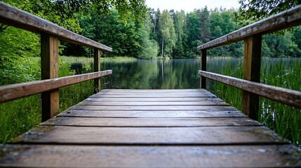 Fototapeta premium Serene wooden pier extending into tranquil lake surrounded by lush greenery and trees in perfect harmony : Generative AI