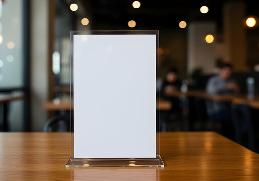 Blank menu display holder stands on wooden table inside cafe. Acrylic plastic frame holds white paper sheet. Blurry background shows restaurant interior with tables, people. Modern design 