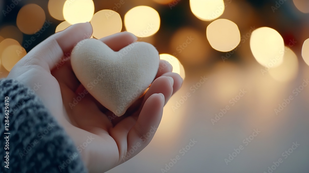 Poster Delicate Hand Holding a Soft Heart Shape with Blurred Lights in the Background for a Romantic Feel : Generative AI