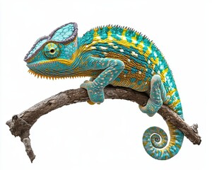 Obraz premium A green chameleon positioned on a tree branch with a clear background