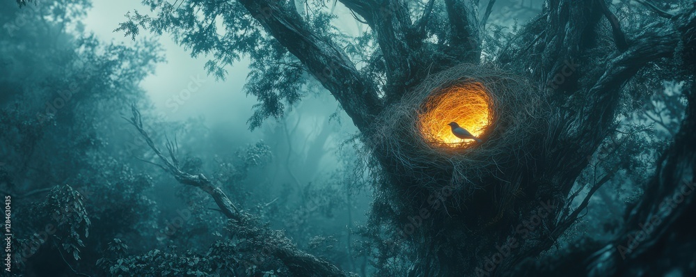 Poster mystical bird in glowing nest on tree branch in enchanted forest at twilight