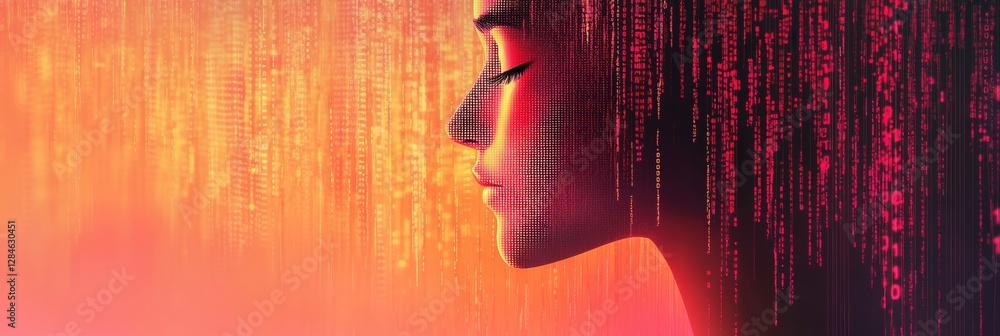 Poster Human face outline dissolving into binary code to showcase a futuristic artificial intelligence concept. Generative AI