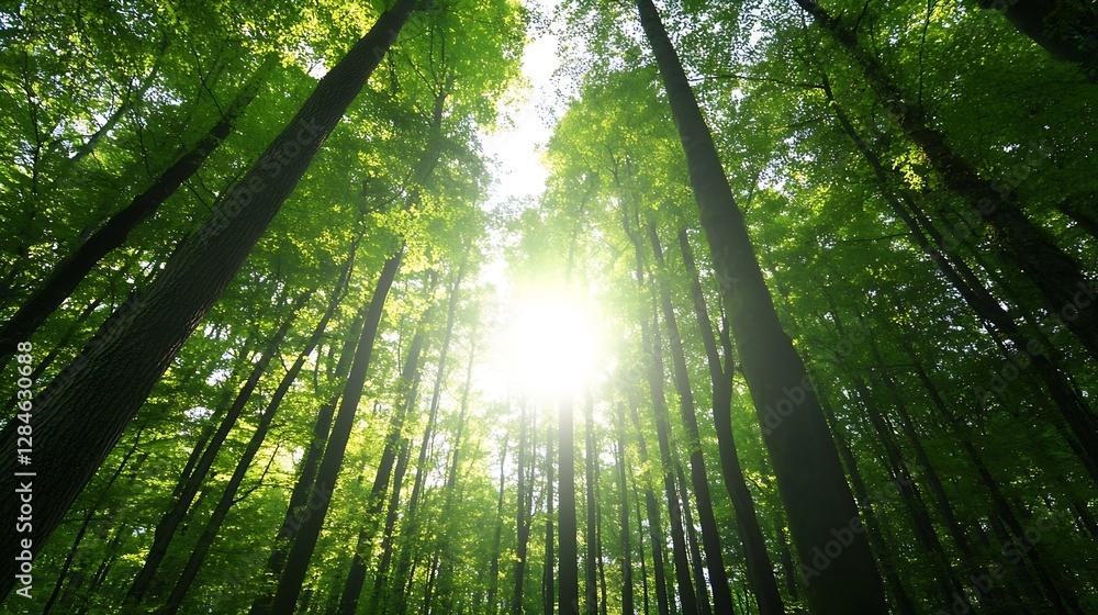 Poster Lush green forest canopy viewing sunlight filtering through the trees creating a vibrant natural scene : Generative AI