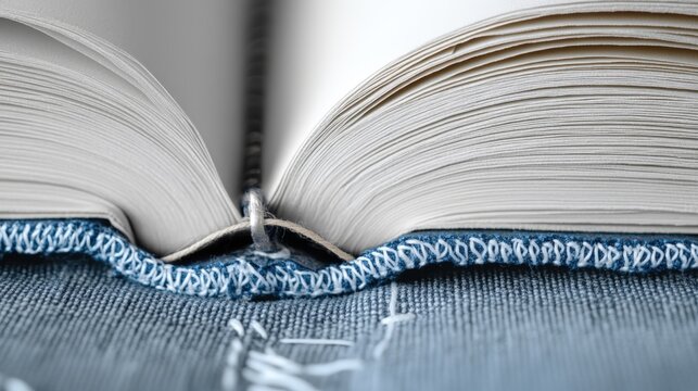 Bookbinding needle stitching pages with visible thread and fabric detail