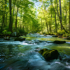 Obraz premium Serene River Flowing Through a Lush Forest, Creating a Calming Natural Haven