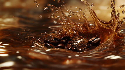 Roasted coffee beans create a splash in a rich pool of coffee with soft, faded colors and dynamic motion in a cozy setting
