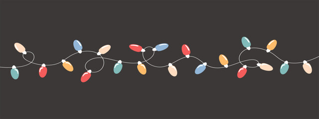 Festive string lights garlands with multi-colored lamps. Festive illustration in flat style on a dark background.