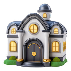 A charming cartoon-style bank building featuring a prominent imposing vault door, set against a transparent background, symbolizing security and finances in a whimsical architectural design.