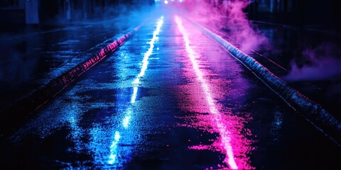 Naklejka premium A vibrant, neon-lit street in a city at night. Rain has left puddles on the pavement reflecting the colorful lights.