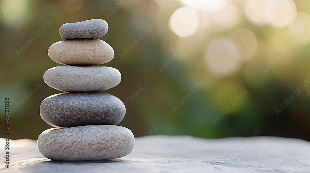 Poster Stunning arrangement of five smooth pebbles stacked gracefully in nature with a soft bokeh background : Generative AI