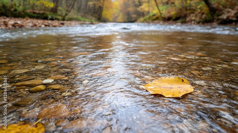 Poster autumn scenery with fallen leaf gently floating on clear water of a tranquil stream : generative ai