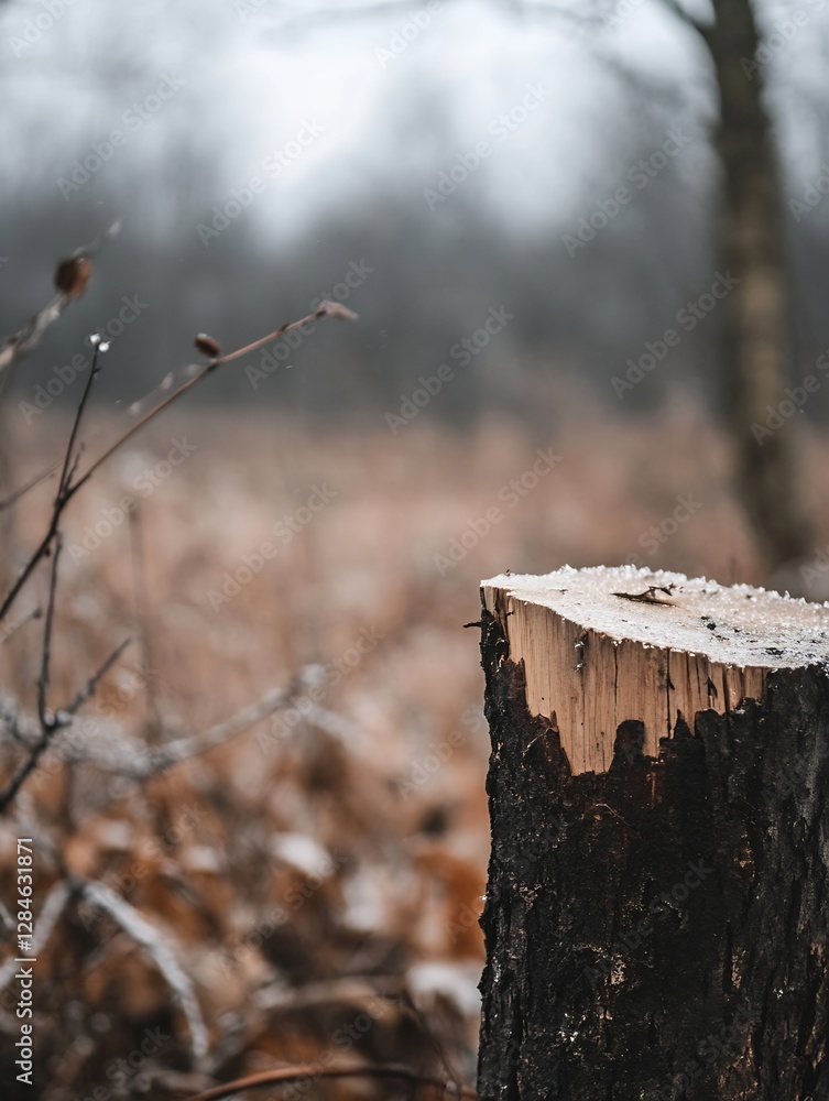 Poster Closeup of a weathered tree stump surrounded by soft autumn foliage and delicate frost : Generative AI