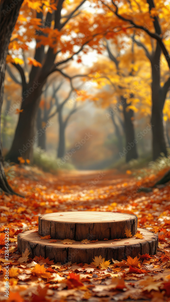 Poster empty rustic wooden table podium with background of autumn forest for product display and placement