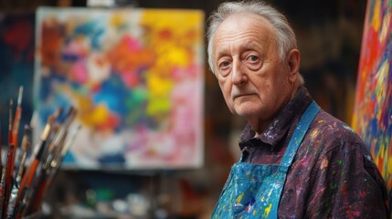 Fototapeta premium An elderly European artist is captured in a vibrant studio. Surrounded by colorful artwork and paint stains, he embodies creativity and passion for art.
