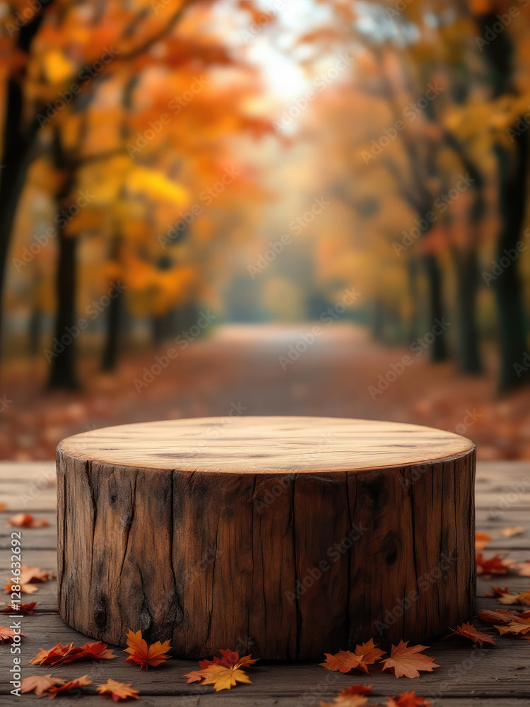 Poster empty rustic wooden table podium with background of autumn forest for product display and placement