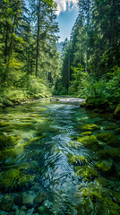 Obraz premium Serene River Flowing Through a Lush Forest, Creating a Calming Natural Haven