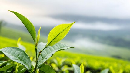 Obraz premium Swinging tea leaves on a plantation with mist rolling over the hills