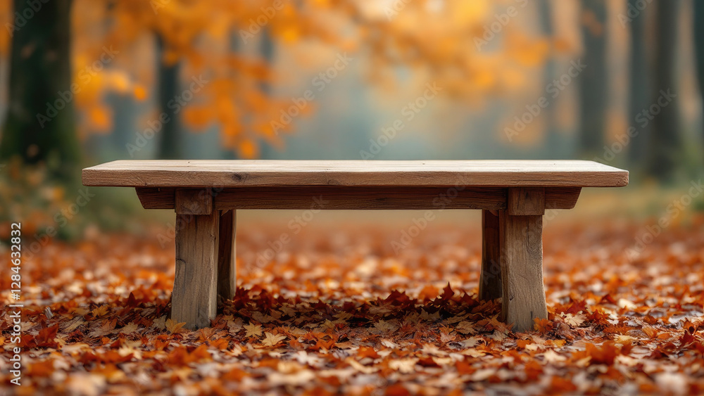 Poster empty rustic wooden table podium with background of autumn forest for product display and placement