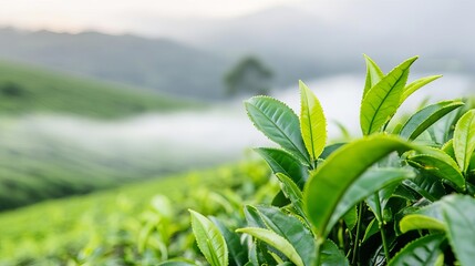 Fototapeta premium Swinging tea leaves on a plantation with mist rolling over the hills